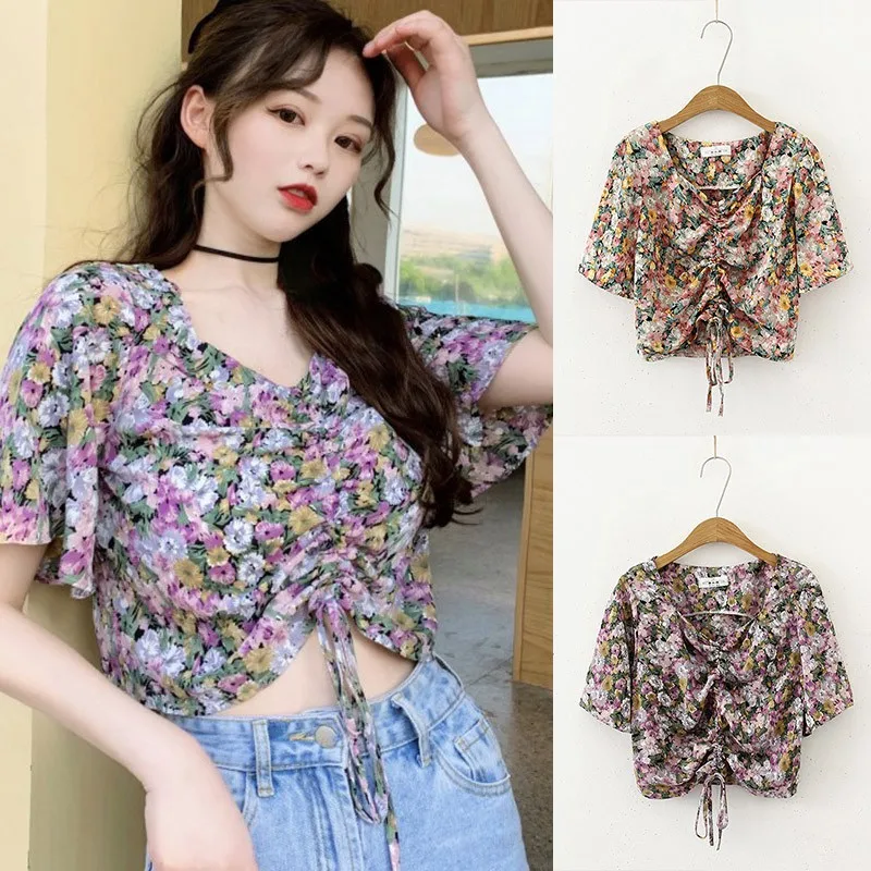 Womens Beach Style Floral Chiffon Shirt Short Sleeve V Neck Blouse Fashion Sexy Slim Drawstring Sweet Tops New
Womens Beach Style Floral Chiffon Shirt Short Sleeve V Neck Blouse Fashion Sexy Slim Drawstring Sweet Tops New