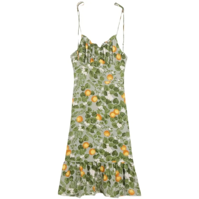 European and American Style Shoulder Tied Lotus Leaf Printed Suspender Dress Seaside Holiday High Waist Slim Mid-Length Dress
European and American Style Shoulder Tied Lotus Leaf Printed Suspender Dress Seaside Holiday High Waist Slim Mid-Length Dress