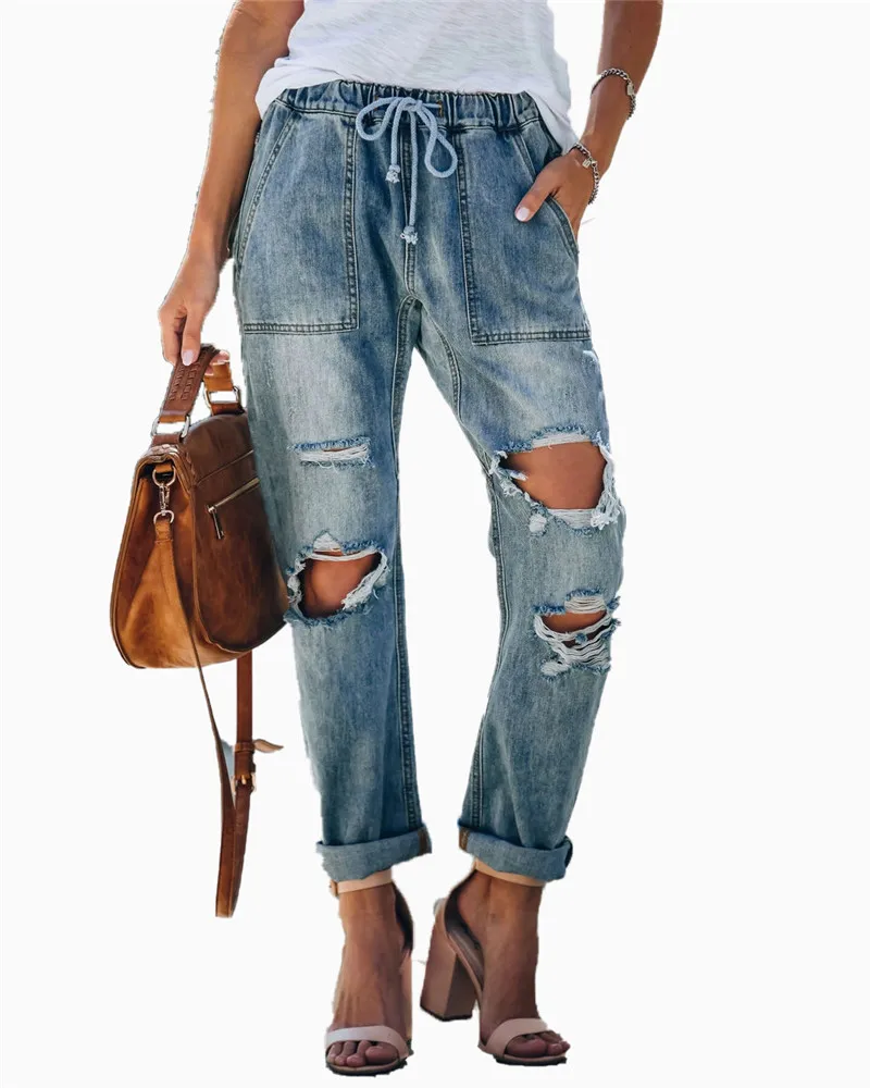 Женские винтажные джинсы с высокой талией, Свободные повседневные джинсовые рваные брюки размера плюс на завязках 
Женские винтажные джинсы с высокой талией, Свободные повседневные джинсовые рваные брюки размера плюс на завязках