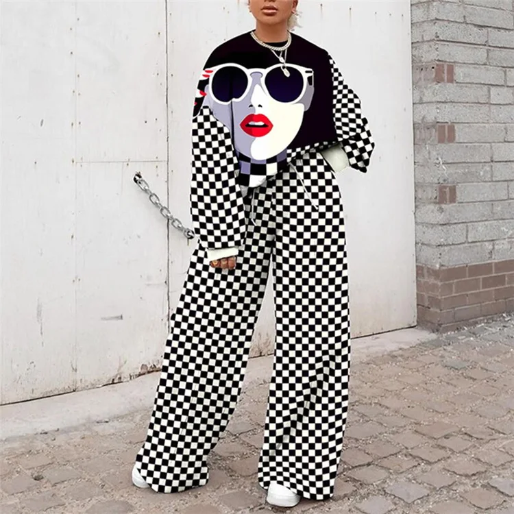 Printed black and white plaid stitching street trend loose large size casual two-piece set Winter set
Printed black and white plaid stitching street trend loose large size casual two-piece set Winter set