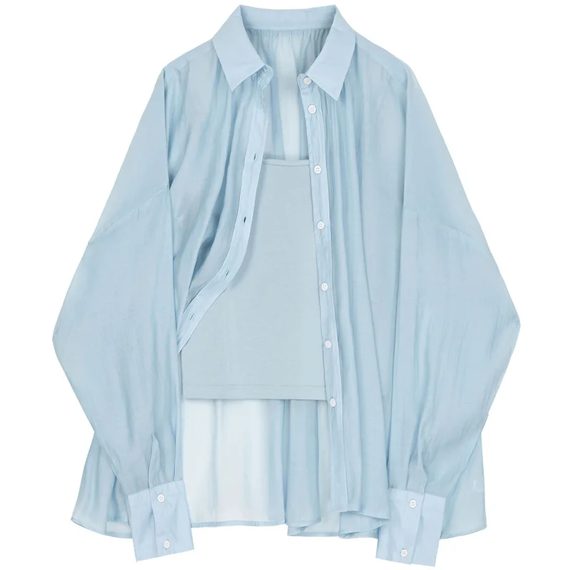 Women Blue Brief Thin Big Size Blouse Lapel Long Sleeve Loose Fit Shirt Fashion Tide Spring Summer 2020 Vest Shirt Two-piece Set
Women Blue Brief Thin Big Size Blouse Lapel Long Sleeve Loose Fit Shirt Fashion Tide Spring Summer 2020 Vest Shirt Two-piece Set