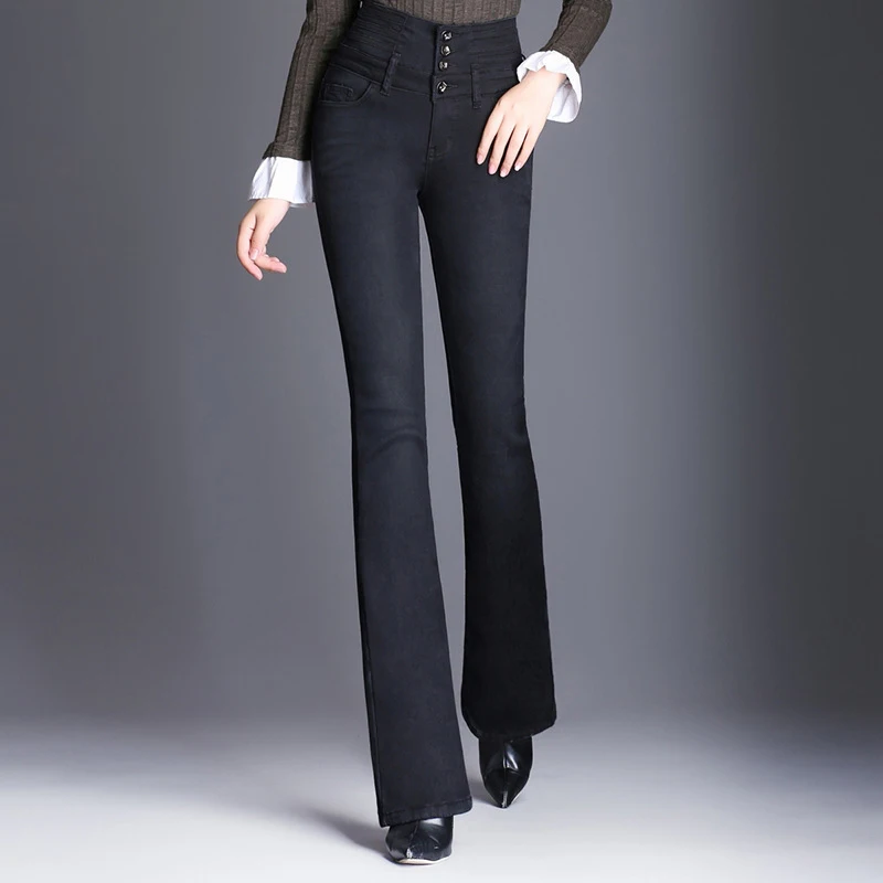 Женские утолщенные теплые расклешенные джинсы для зимы брюки с колокольчиками и