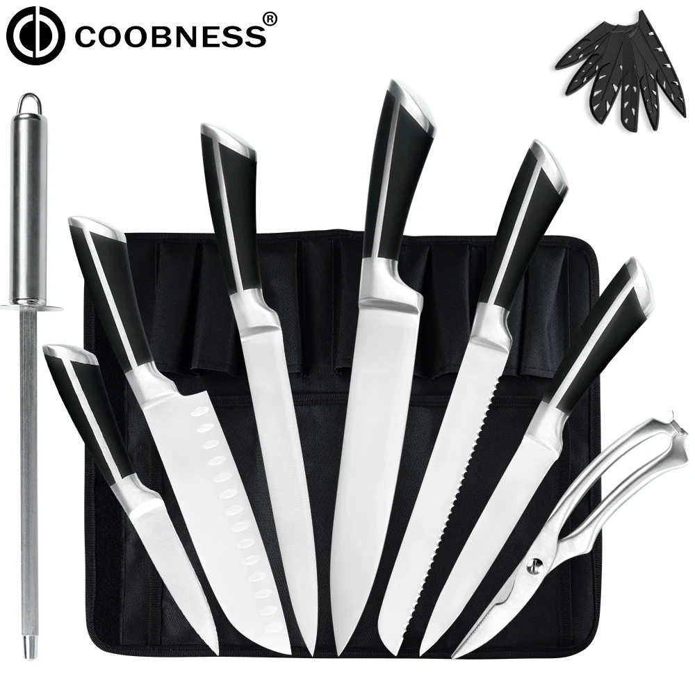 Japanese Style 3cr13 Stainless Steel Kitchen Knives Chef Utility Paring Bread Santoku Knives Set POM Handle With Knife Roll Bag
Japanese Style 3cr13 Stainless Steel Kitchen Knives Chef Utility Paring Bread Santoku Knives Set POM Handle With Knife Roll Bag