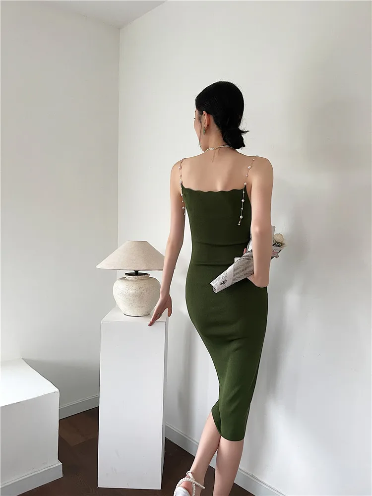 CHEERART Green Tight Knitted Dress Women Backless Bodycon Pearl Spaghetti Strap Cami Dress Tunic Knee Length Ladies Korean Dress
CHEERART Green Tight Knitted Dress Women Backless Bodycon Pearl Spaghetti Strap Cami Dress Tunic Knee Length Ladies Korean Dress