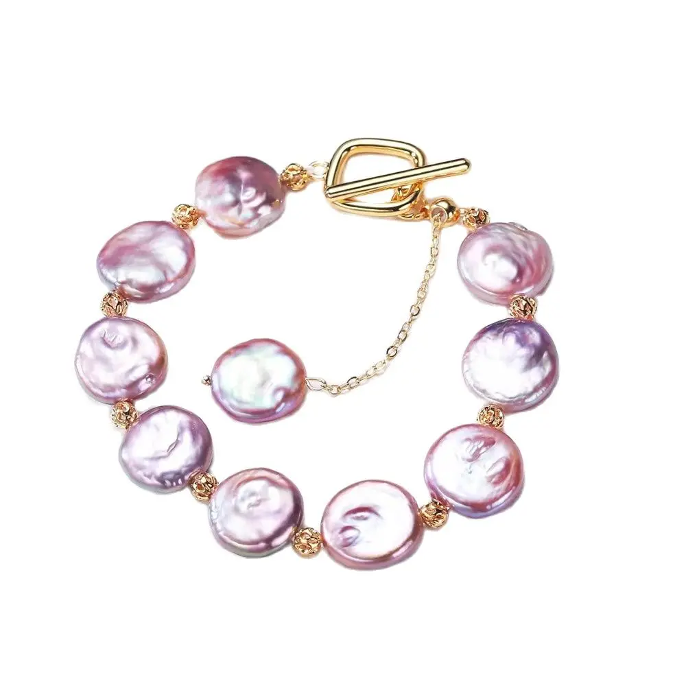 

YKNRBPH Women's Freshwater Baroque Round Purple Button Pearl Bracelet Design Bracelet Jewelry