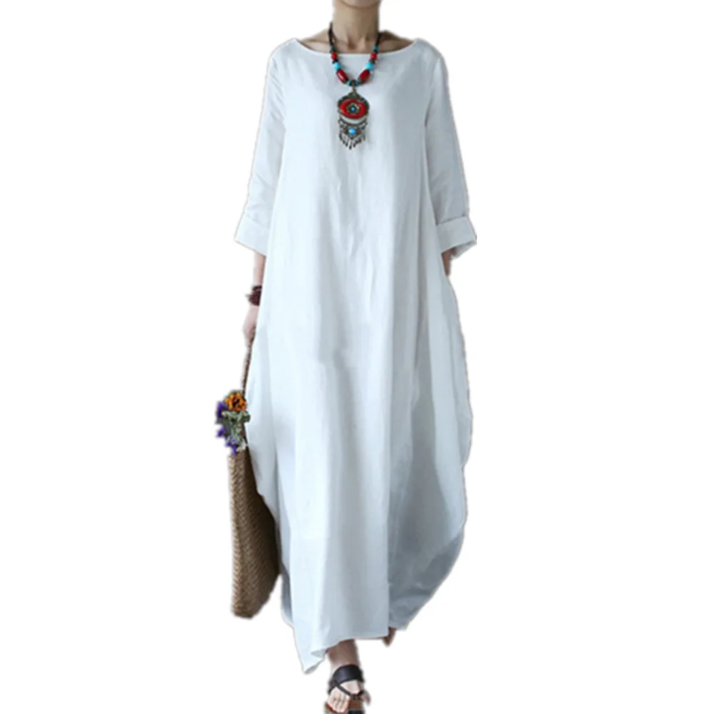 

2022 модное женское платье в стиле бохо из хлопка и льна, элегантный женский летний сарафан с рукавами «летучая мышь», Свободное длинное плать...