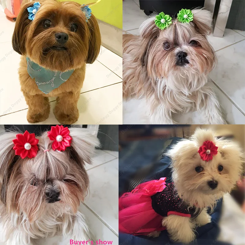 

Bright Pet Puppy Dog Cat Hair Bows Rubber Bands Flowers Pearls Pet Grooming Bows Hair Accessories Pet Supplies