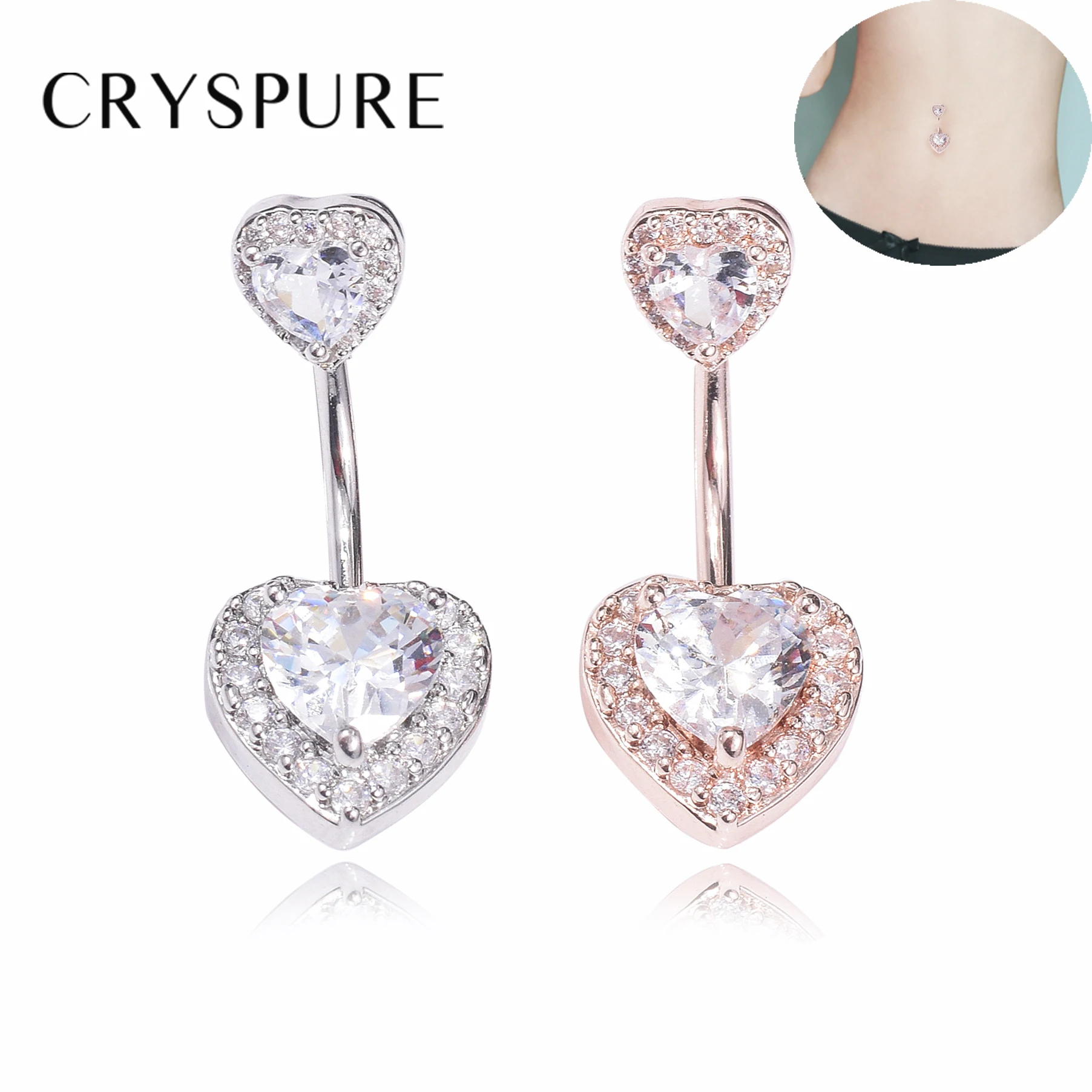 

stainless Steel Dangle Navel Rings Crystal Women Navel Bars Fashion Double Peach Heart Belly Button Ring Piercing Body Jewelry