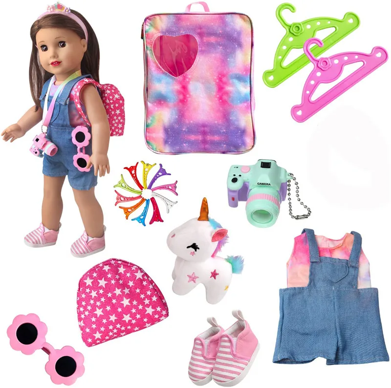 15 Piece 18 inch American Doll Clothes Set Gifts-Includes Backpack,Clothes,Camera,Shoes,Hairpin, Glasses, Hanger Unicorn DIY Set 
15 Piece 18 inch American Doll Clothes Set Gifts-Includes Backpack,Clothes,Camera,Shoes,Hairpin, Glasses, Hanger Unicorn DIY Set