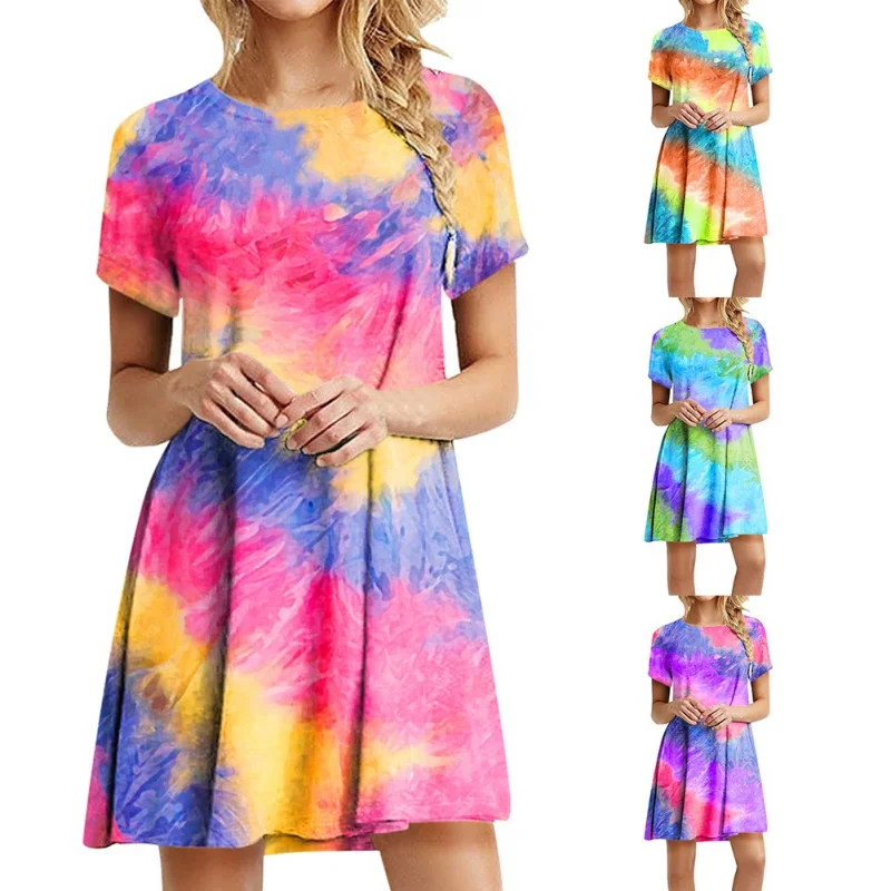 Women Summer Dress Rainbow Printed O-neck Short Sleeve Mini Dress Loose Beach Holiday Party Dresses Sundress Casual
Women Summer Dress Rainbow Printed O-neck Short Sleeve Mini Dress Loose Beach Holiday Party Dresses Sundress Casual