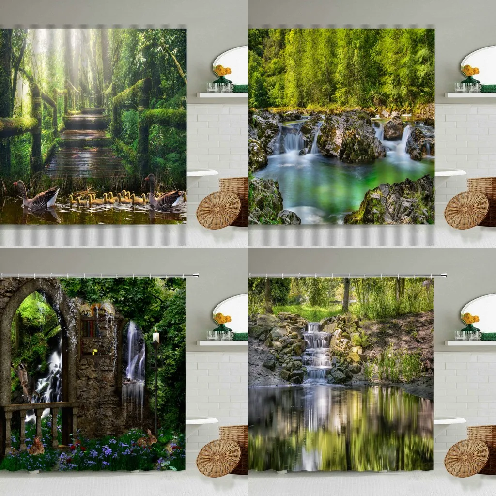 

Natural Landscape Shower Curtain Waterfall Forest Lake Wooden Bridge Rock Stone Green Plant Scenery Bathroom Curtains Home Decor