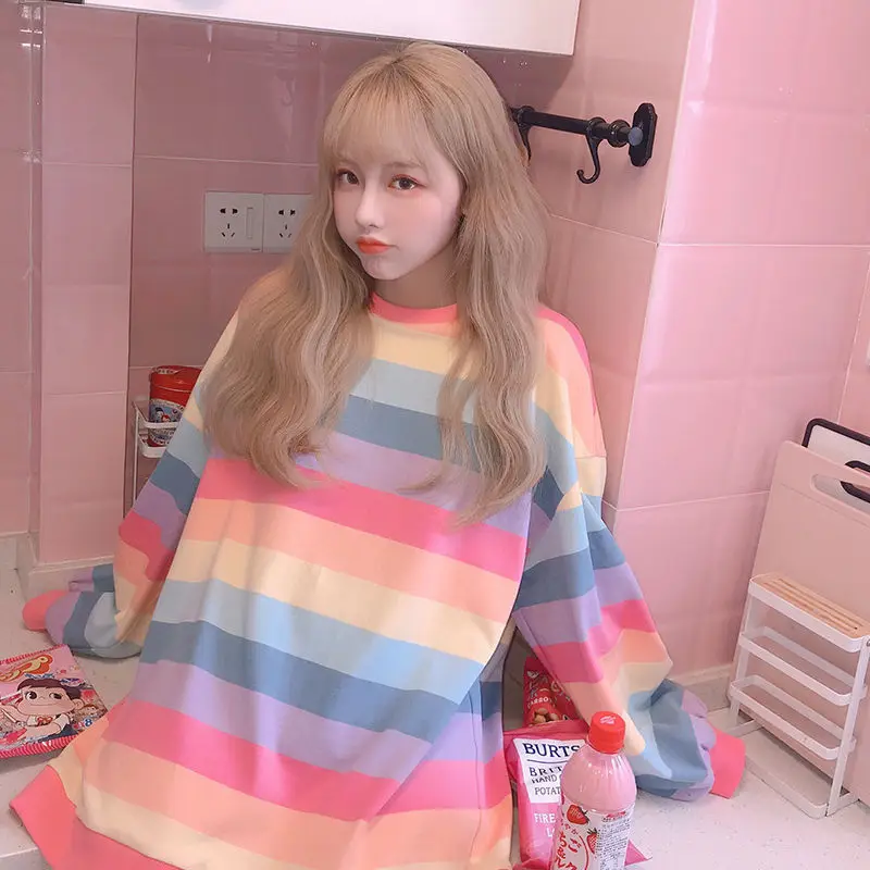 Autumn and winter rainbow striped long-sleeved hoodless sweater women loose thin top coat
Autumn and winter rainbow striped long-sleeved hoodless sweater women loose thin top coat