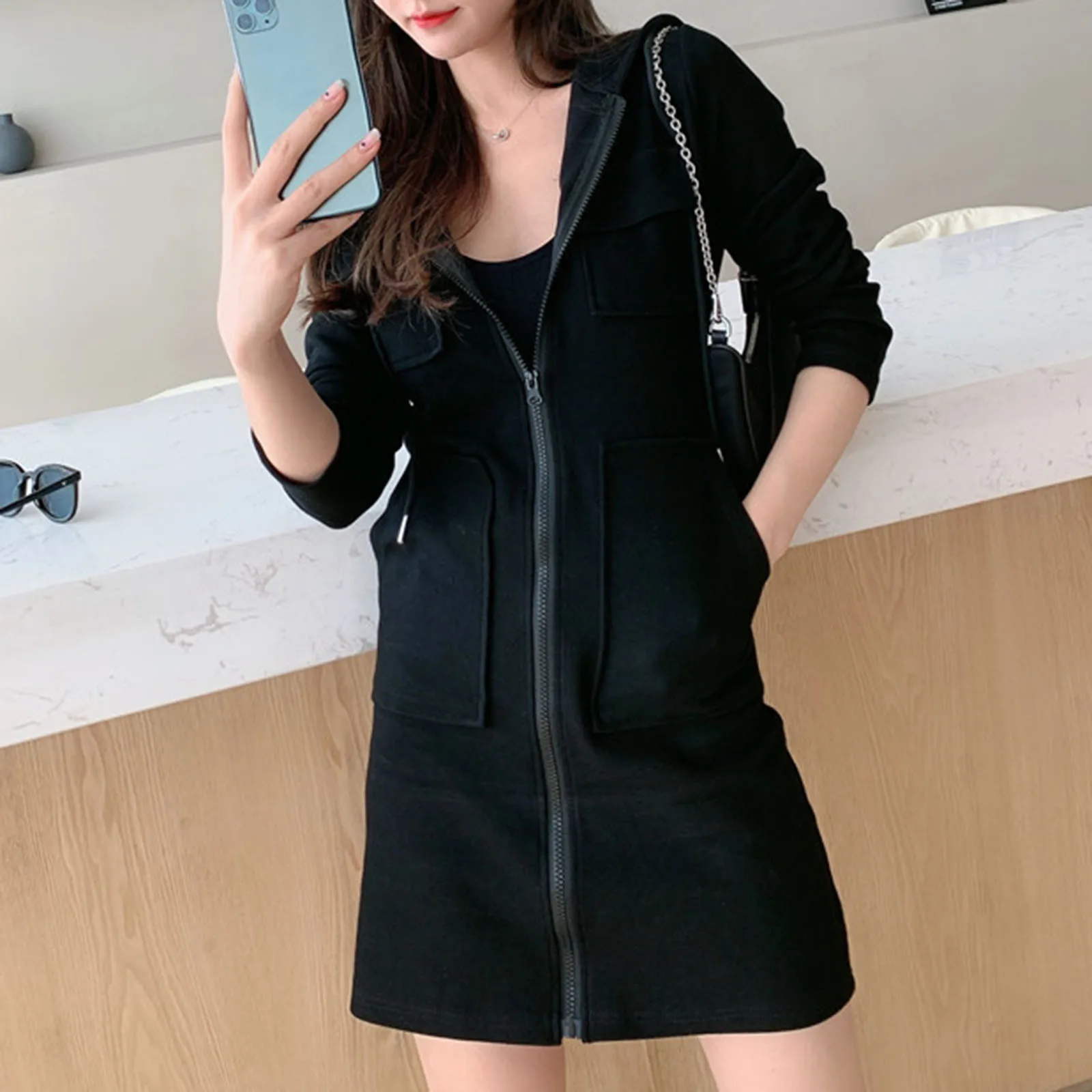 Autumn Winter Women Black Zip Up Hoodies Korean Lady Solid Color Pocket Sweatshirt Hooded Long Hoodie
Autumn Winter Women Black Zip Up Hoodies Korean Lady Solid Color Pocket Sweatshirt Hooded Long Hoodie