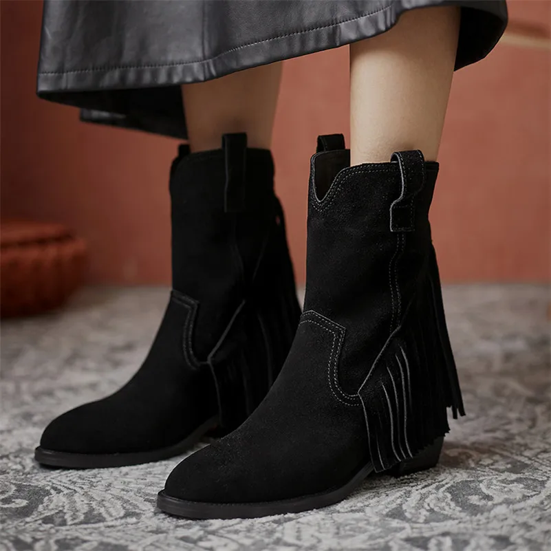 

Meotina Cow Suede High Heel Mid Calf Boots Women Shoes Fringe Real Leather Chunky Heels Zip Ladies Boots Autumn Winter Brown 42