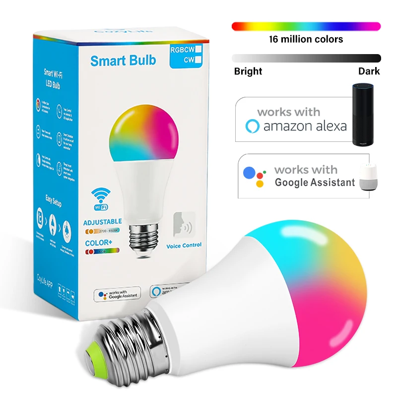Умная лампа с регулируемой яркостью, светодиодная лампа с Wi-Fi, E27, E26, B22, RGB + CCT, с голосовым управлением, работает с Alexa Google Home, 9 Вт
Умная лампа с регулируемой яркостью, светодиодная лампа с Wi-Fi, E27, E26, B22, RGB + CCT, с голосовым управлением, работает с Alexa Google Home, 9 Вт