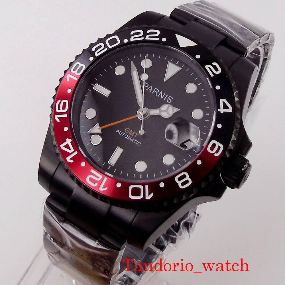 

Black PVD Plated GMT 40mm Parnis Automatic Men Watch Sapphire Glass Date Luminous Marks Unidirectional Bezel Jubilee Strap