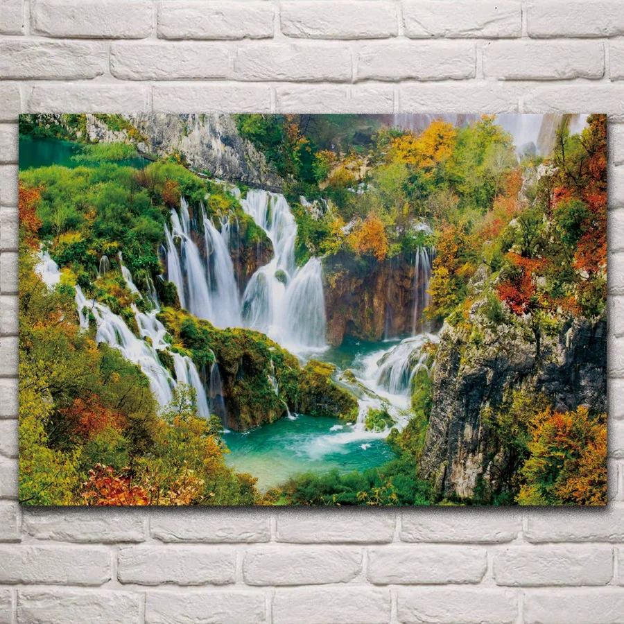 

Beautiful plitvice lake waterfalls autumn forest nature fabric posters on the wall picture home art living room decoration KN746