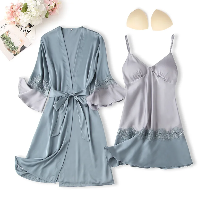 Two Piece Robe Set Women Sexy Sleepwear Satin Patchwork Kimono Bathrobe Gown Soft Intimate Lingerie With Chest Pads Loungewear
Two Piece Robe Set Women Sexy Sleepwear Satin Patchwork Kimono Bathrobe Gown Soft Intimate Lingerie With Chest Pads Loungewear