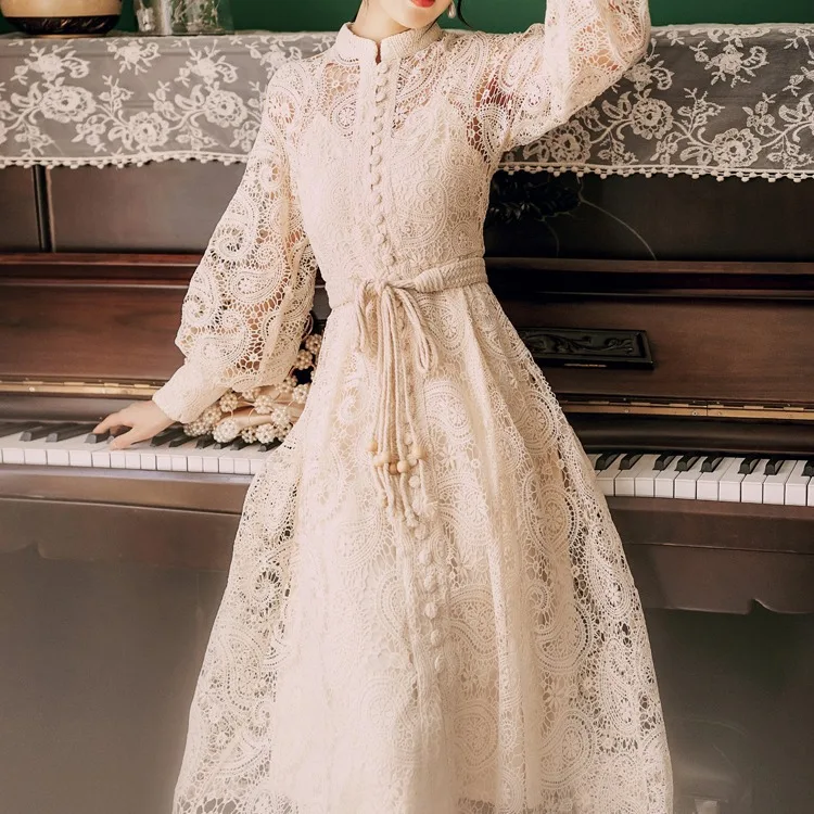 Sweet Single-Breasted O-Neck Long Sleeve Women Mid-Calf Dress Women 2021 Summer Lace Hollow-out Slim Tied Midi Dresses Female
Sweet Single-Breasted O-Neck Long Sleeve Women Mid-Calf Dress Women 2021 Summer Lace Hollow-out Slim Tied Midi Dresses Female