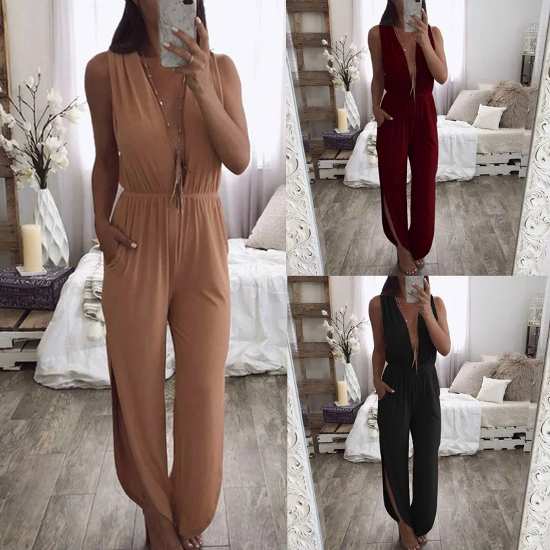 European and American Clothing Sleeveless Solid Color Backless Slit Sexy Jumpsuit Woman Pants Full Length Pleated
European and American Clothing Sleeveless Solid Color Backless Slit Sexy Jumpsuit Woman Pants Full Length Pleated