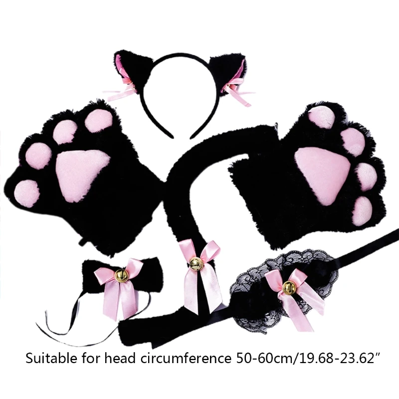 

U90E Kitty Costume Accessories Set Furry Cat Ears Headwear Tail Collar Lolita Bowknot Bells Lovely Maid Cosplay Headpiece