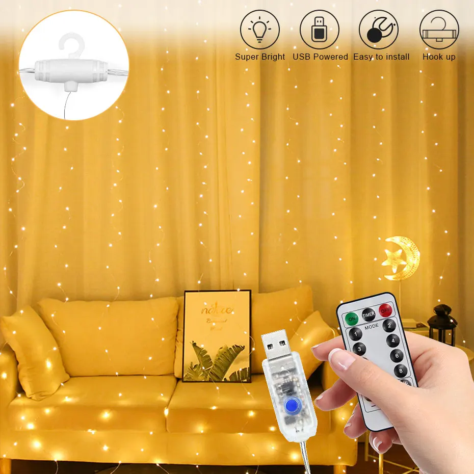 USB Hook Fairy Lights 3Mx3M Remote Control 8 Modes Christmas Light Curtain Holiday Home Wedding Party decoration RGB 300LEDs
USB Hook Fairy Lights 3Mx3M Remote Control 8 Modes Christmas Light Curtain Holiday Home Wedding Party decoration RGB 300LEDs