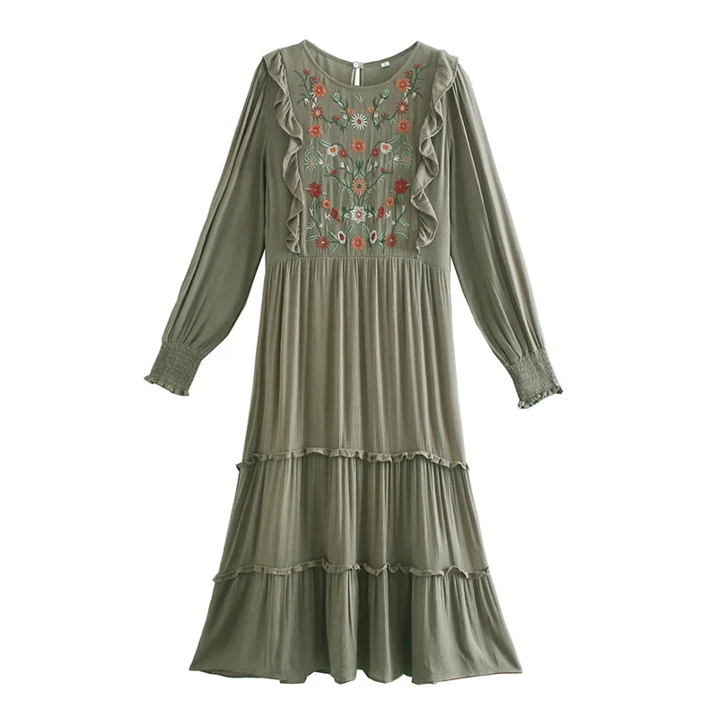 Spring Autumn Long Sleeve Women Dresses Fashion Ruffle Floral Embroidery Vintage Midi Dress Round Neck Frill Tiered Casual Dress
Spring Autumn Long Sleeve Women Dresses Fashion Ruffle Floral Embroidery Vintage Midi Dress Round Neck Frill Tiered Casual Dress