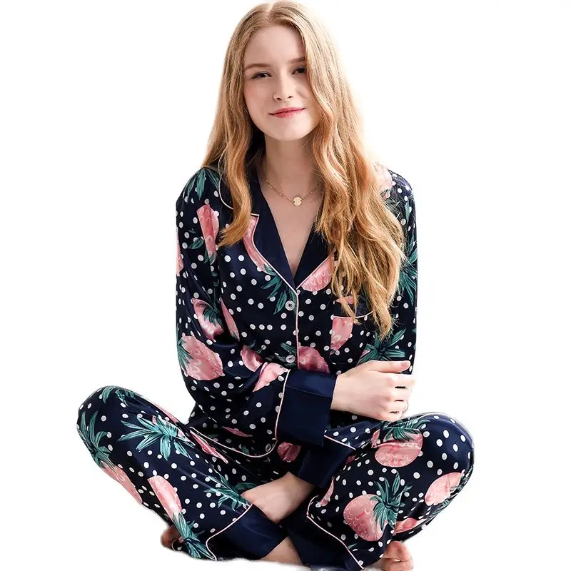 Pajamas Faux Silk Sleepwear Women Satin SILK Pineapple Printed Pyjama Sets Female Casual Simple Home Clothing X1733
Pajamas Faux Silk Sleepwear Women Satin SILK Pineapple Printed Pyjama Sets Female Casual Simple Home Clothing X1733
