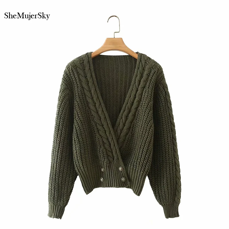 SheMujerSky Women Criss-cross Knitted Sweaters 2021 Long Sleeve V-neck Butons Green Cardigans 
SheMujerSky Women Criss-cross Knitted Sweaters 2021 Long Sleeve V-neck Butons Green Cardigans