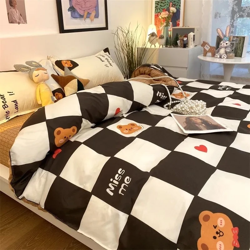 

Черно-белые комплекты постельного белья с изображением медведя, детское постельное белье, простыня в клетку, пододеяльник, односпальный, дв...
