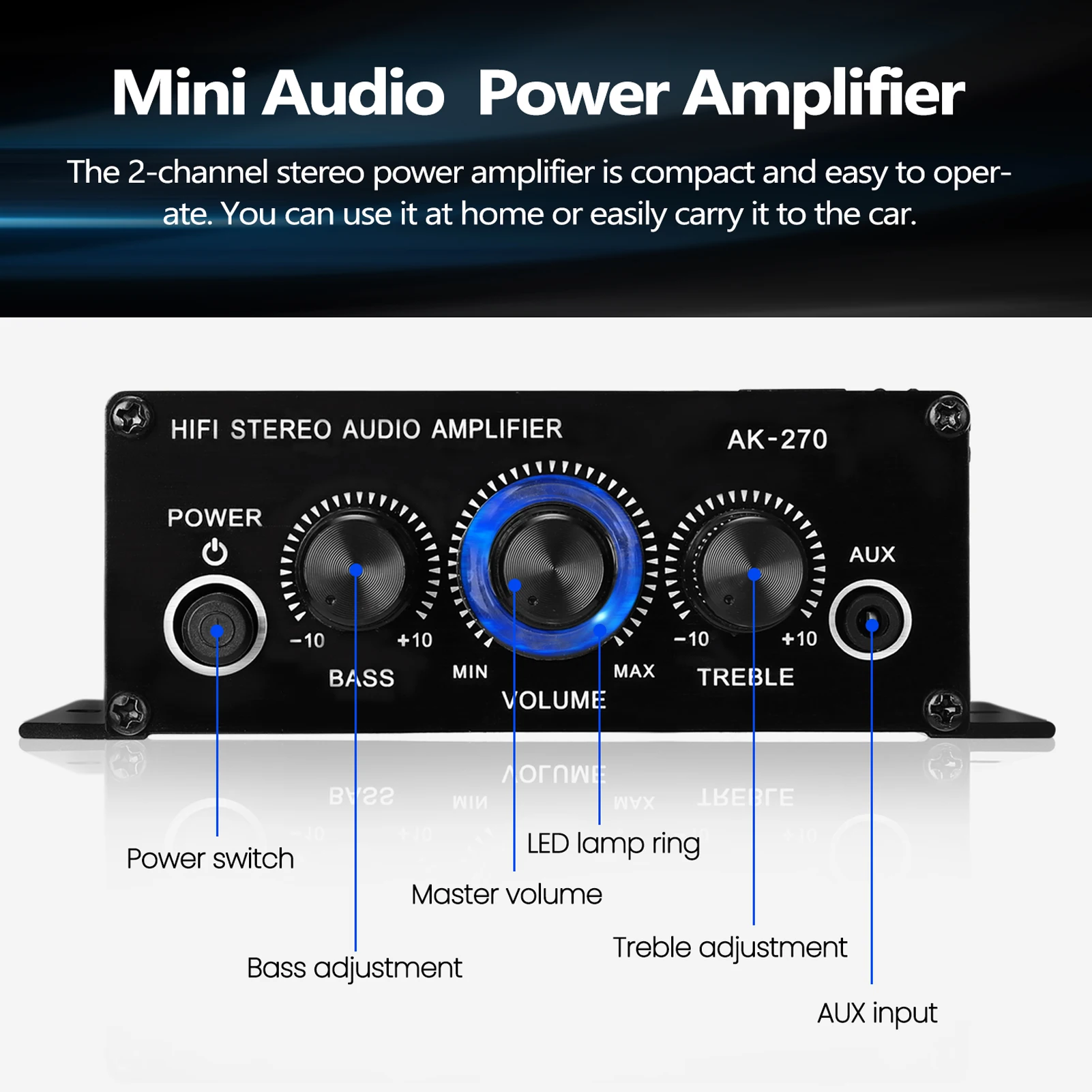 AK270 Mini Audio 2-Channel Stereo Power Amplifier Portable Sound AUX Input Speaker Amp for Car and Home | Электроника