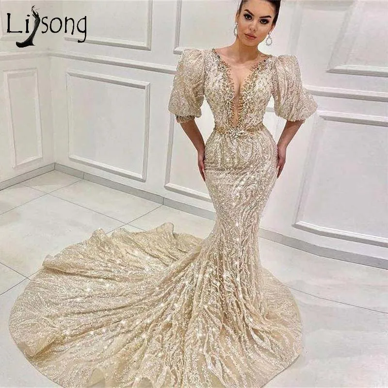 

Glitter Champagne Mermaid Evening Dresses Sheer Jewel Neck Sequined Beaded Special Occasion Long Prom Dress 2021 Plus Size