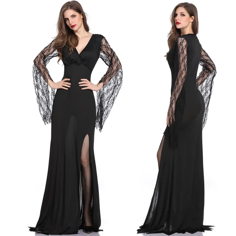 

Women Sexy Slim Lace Sleeve Medieval Black Long Dress Adult Vampire Evil Cosplay Outfit Halloween Fantasia Party Fancy Dress