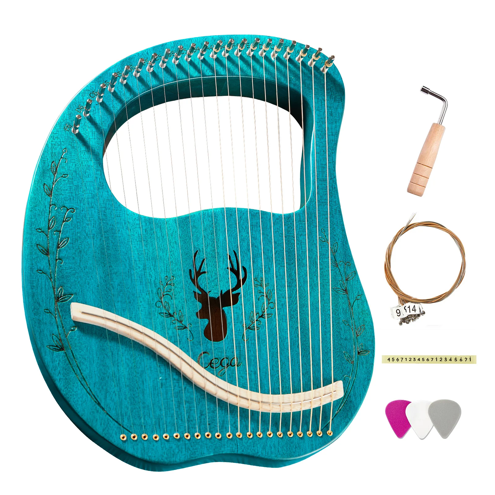 21 Metal Strings Lyre Harp Spruce Topboard Mahogany Backboard with Tuning Wrench Strings Picks Music Note Sticker
21 Metal Strings Lyre Harp Spruce Topboard Mahogany Backboard with Tuning Wrench Strings Picks Music Note Sticker