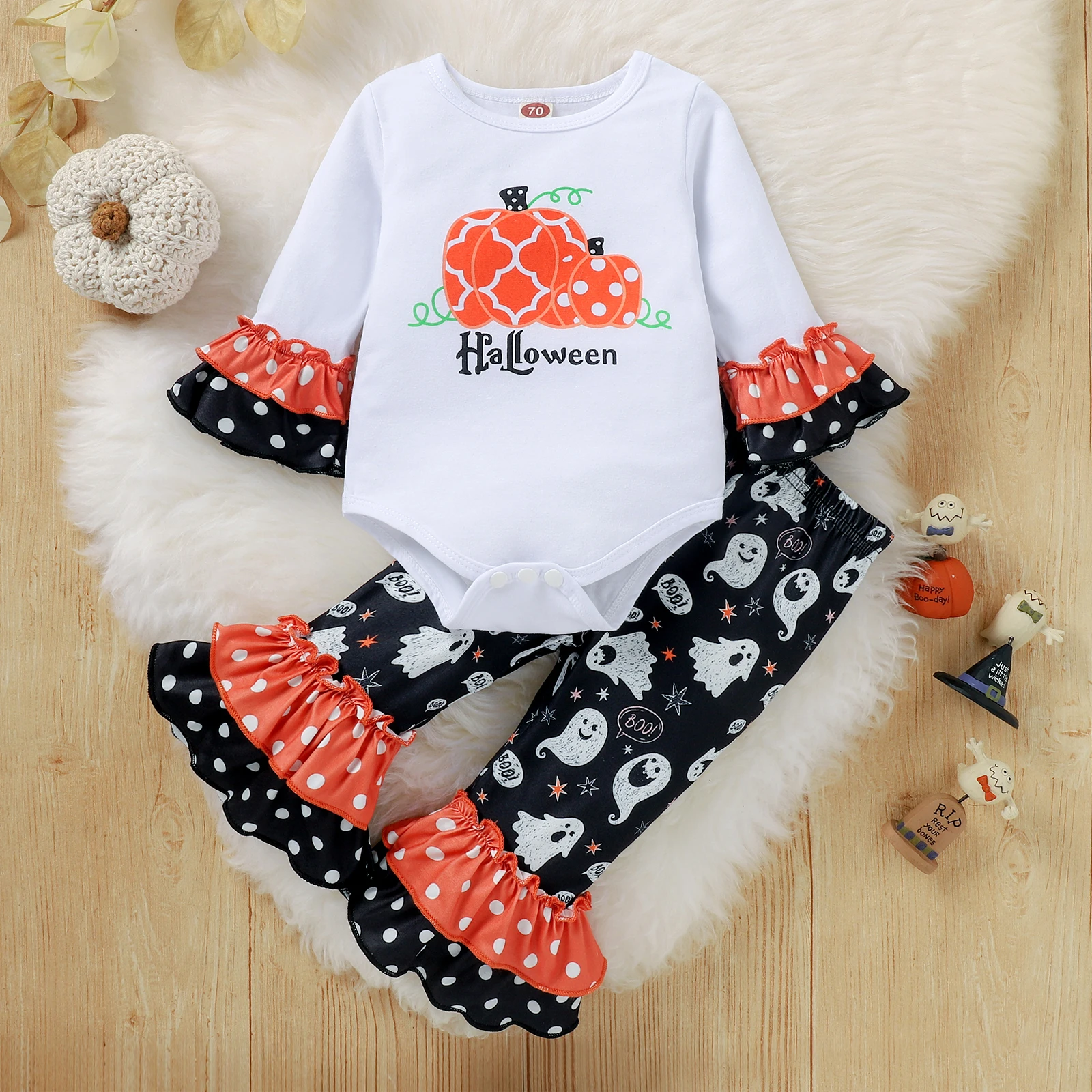 2Pcs Toddler Infant Baby Halloween Outfits Cute Pumpkin Print Ruffle Long Sleeve Romper + Flared Trousers Autumn Clothes Set
2Pcs Toddler Infant Baby Halloween Outfits Cute Pumpkin Print Ruffle Long Sleeve Romper + Flared Trousers Autumn Clothes Set