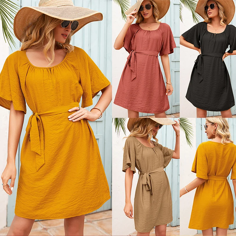 ladies Lace Waistline Short Sleeve Round Neck Dress 2021 New Summer Ladies Women's Casual Butterfly Sleeve Loose Dress
ladies Lace Waistline Short Sleeve Round Neck Dress 2021 New Summer Ladies Women's Casual Butterfly Sleeve Loose Dress