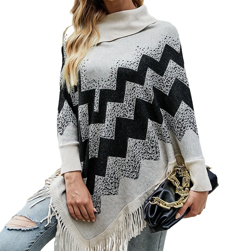 2021 Fashion Women's Shawl Cloak Sweater New Autumn Casual Hot Sale High Neck Pullover Stripe Printing Loose Knit Sweater
2021 Fashion Women's Shawl Cloak Sweater New Autumn Casual Hot Sale High Neck Pullover Stripe Printing Loose Knit Sweater