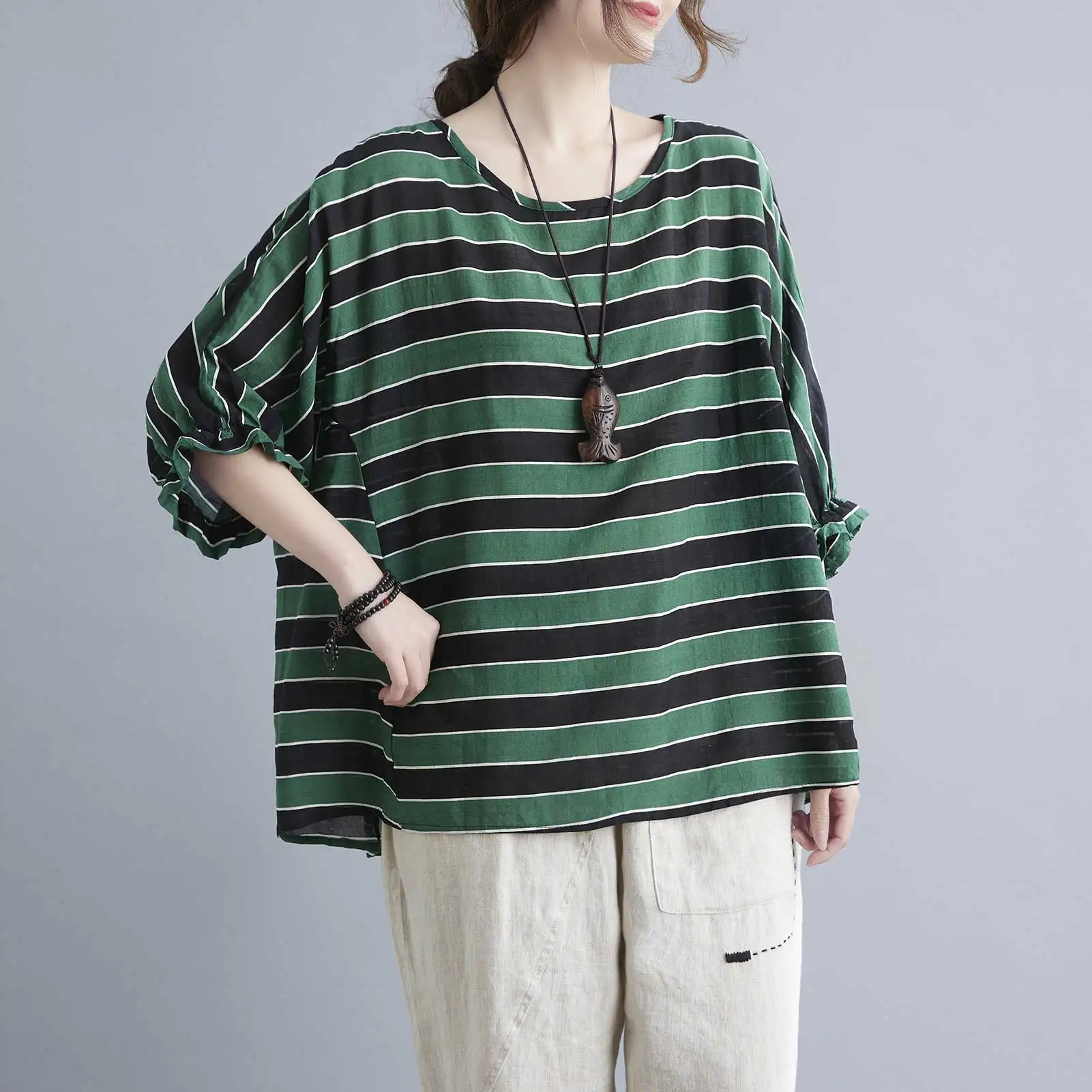 Vintage Striped T-shirts Women Summer 2021 Cotton Linen T-shirt O Neck Half Sleeve Ruffle Simple Loose Casual T-Shirts
Vintage Striped T-shirts Women Summer 2021 Cotton Linen T-shirt O Neck Half Sleeve Ruffle Simple Loose Casual T-Shirts