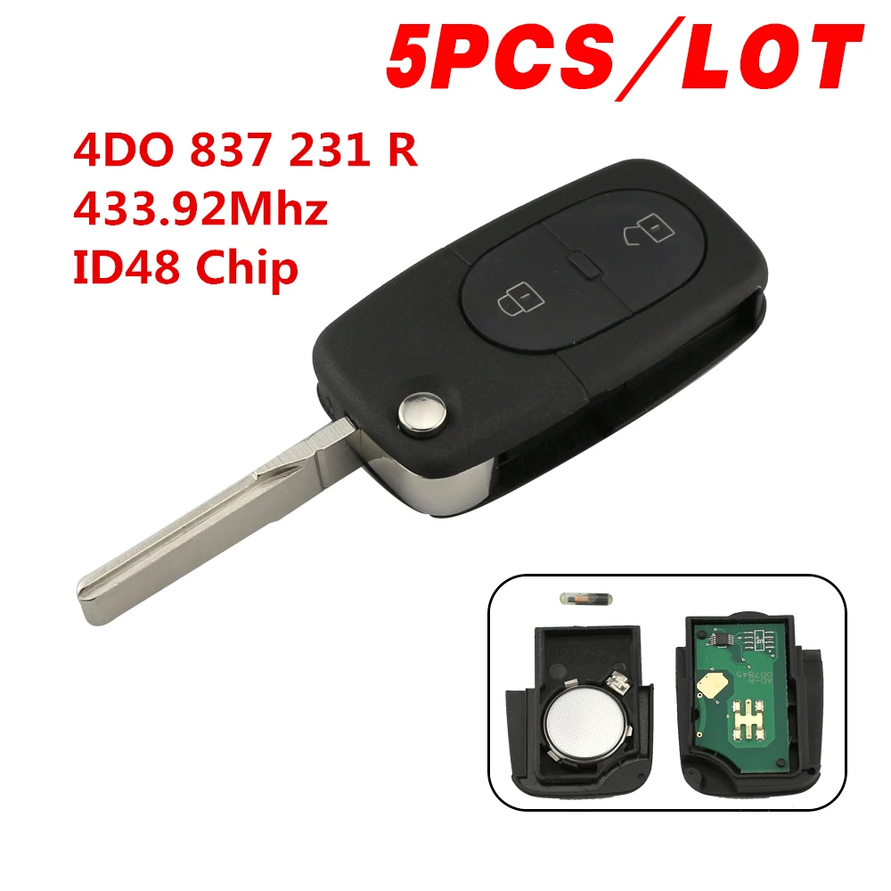 5PCS/LOT 433.92Mhz 2 Button Folding Flip Remote Car Key With ID48 Transponder Chip For Audi A2 A3 A4 A6 A8 TT RS4 4DO 837 231 R
5PCS/LOT 433.92Mhz 2 Button Folding Flip Remote Car Key With ID48 Transponder Chip For Audi A2 A3 A4 A6 A8 TT RS4 4DO 837 231 R