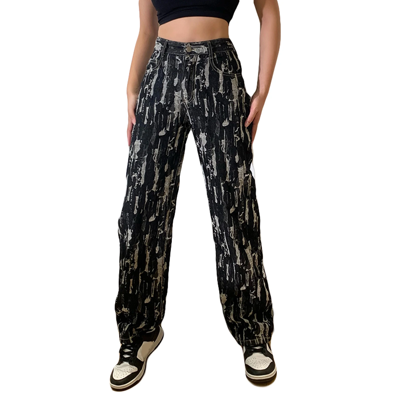 Women Casual Straight-leg Jeans with Pockets, Black High Waist Loose Style Trousers, S/ M/ L
Women Casual Straight-leg Jeans with Pockets, Black High Waist Loose Style Trousers, S/ M/ L