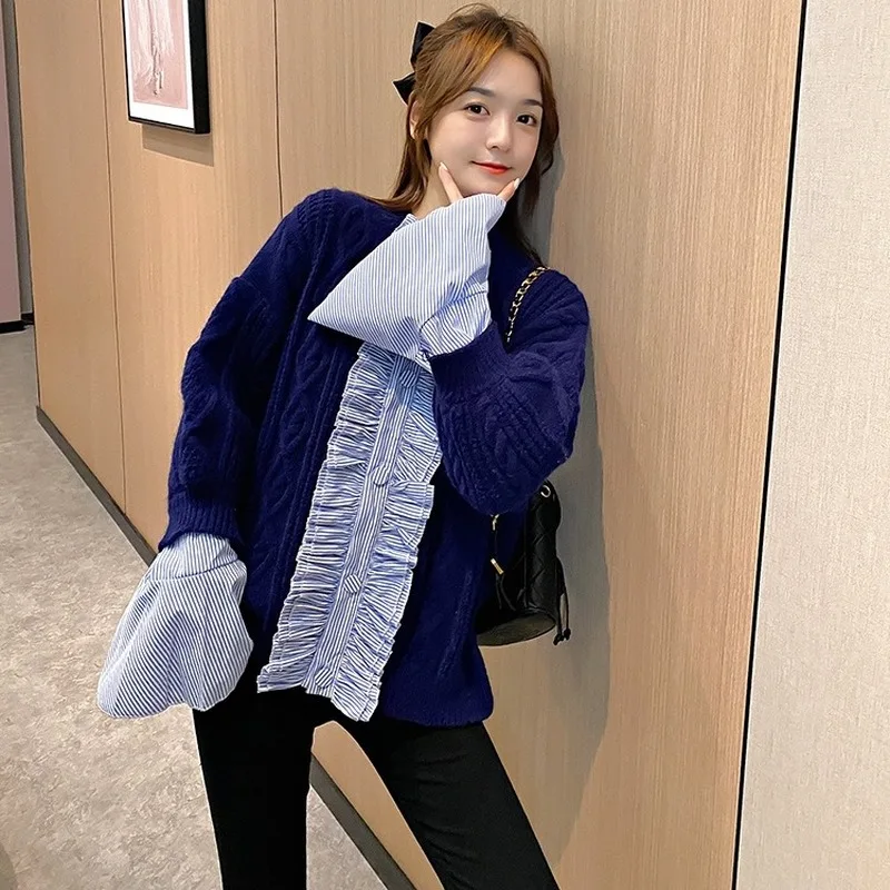 Lady Crew Neck Sweater Cardigan New Lazy Style Shirt Stitching Single Breasted Loose Splicing Temperament Sleeve Knitted Coat
Lady Crew Neck Sweater Cardigan New Lazy Style Shirt Stitching Single Breasted Loose Splicing Temperament Sleeve Knitted Coat