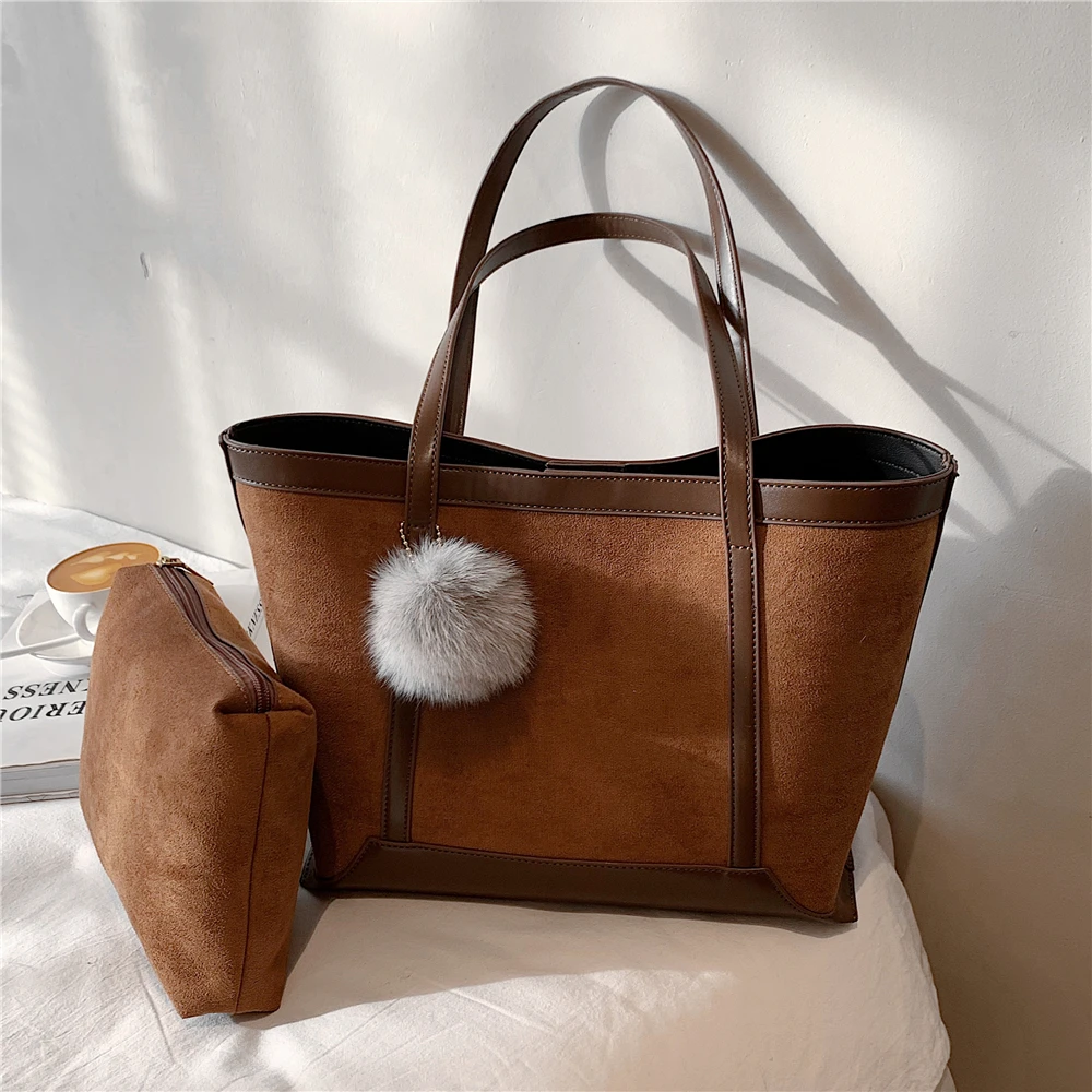 

2 Pcs/Set Vintage Suede Large Tote Shoulder Bags For Women Unique Design Pompon Simple Shopping Work Ladies Handbags Winter 2021