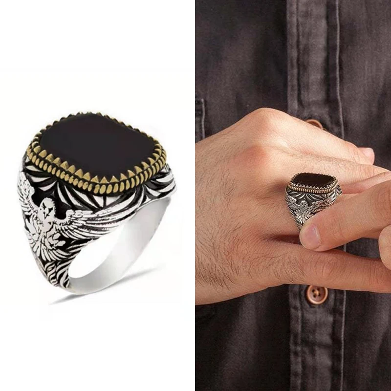 Retro Men's Engraving Flying Eagle Animal Pattern Finger Ring with Black Square Stone Crystal for Male Party Jewelry
Retro Men's Engraving Flying Eagle Animal Pattern Finger Ring with Black Square Stone Crystal for Male Party Jewelry