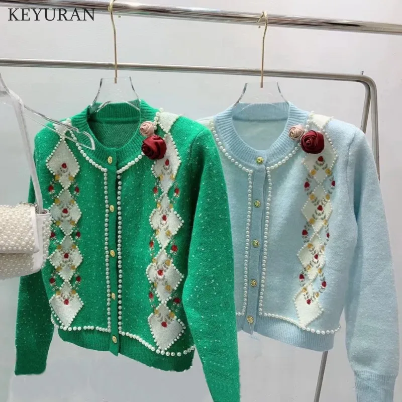 

Vintage Beading Argyle Women Knitted Cardigans Sweater Embroidery O Neck Long Sleeve Casual Sweaters Coat Female 2022 Spring New