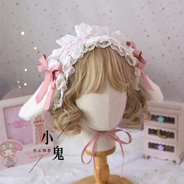 Lolita Handmade Bow Lop Ear Rabbit Headband With Cute Kc Rabbit Ears Removable Hair Clip Kawaii Girls Gothic Lolita Kc Loli Cos