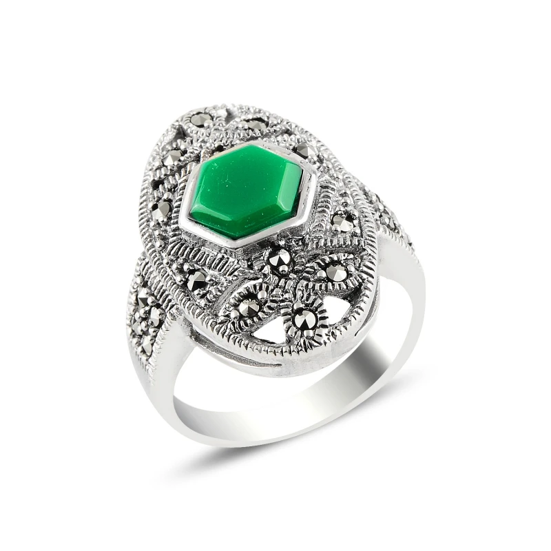 

Серебряное кольцо Silverlina с зеленым агатом и марказитом