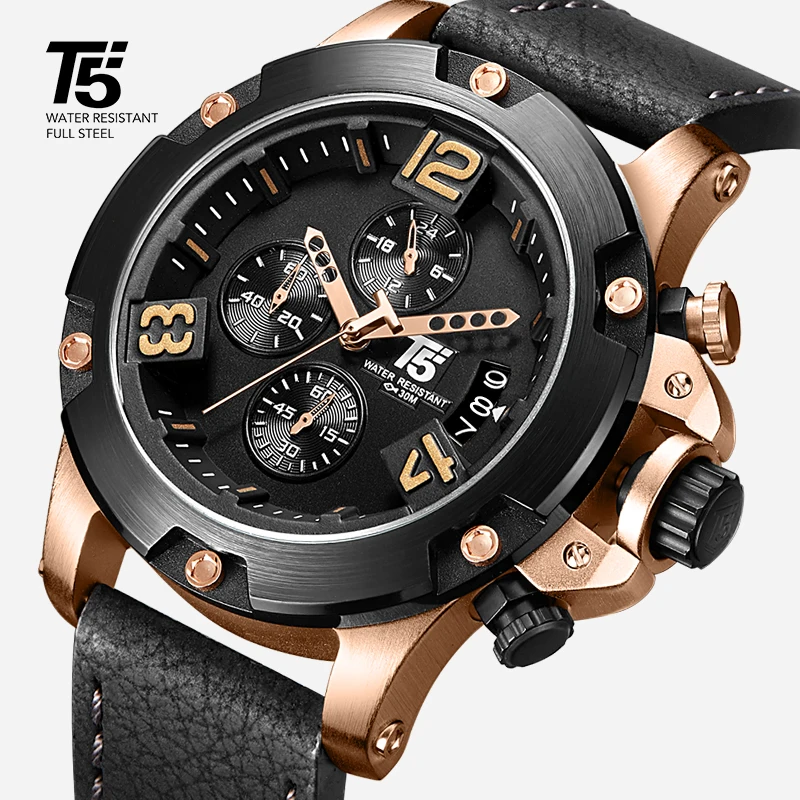 Rose gold Leather Strap T5 Luxury Black brand man Quartz Chronograph Waterproof Mens Watch Sport Watches Men Wristwatches
Rose gold Leather Strap T5 Luxury Black brand man Quartz Chronograph Waterproof Mens Watch Sport Watches Men Wristwatches