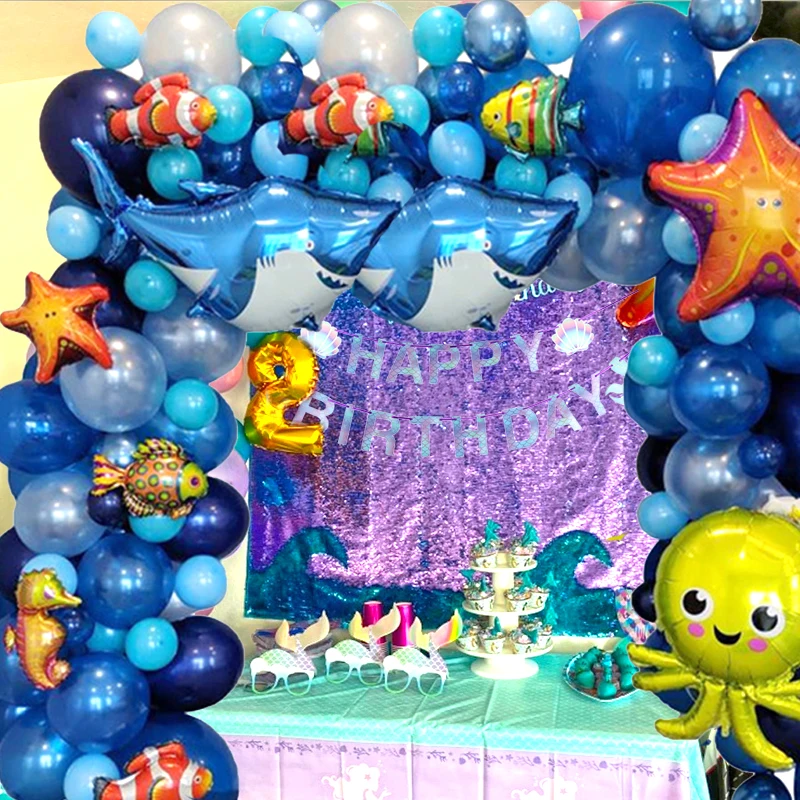 

Ocean world Theme Under The Sea animal Dark Blue balloons Garland Kit Birthday Party Decorations Kids baby shower party 101Pcs