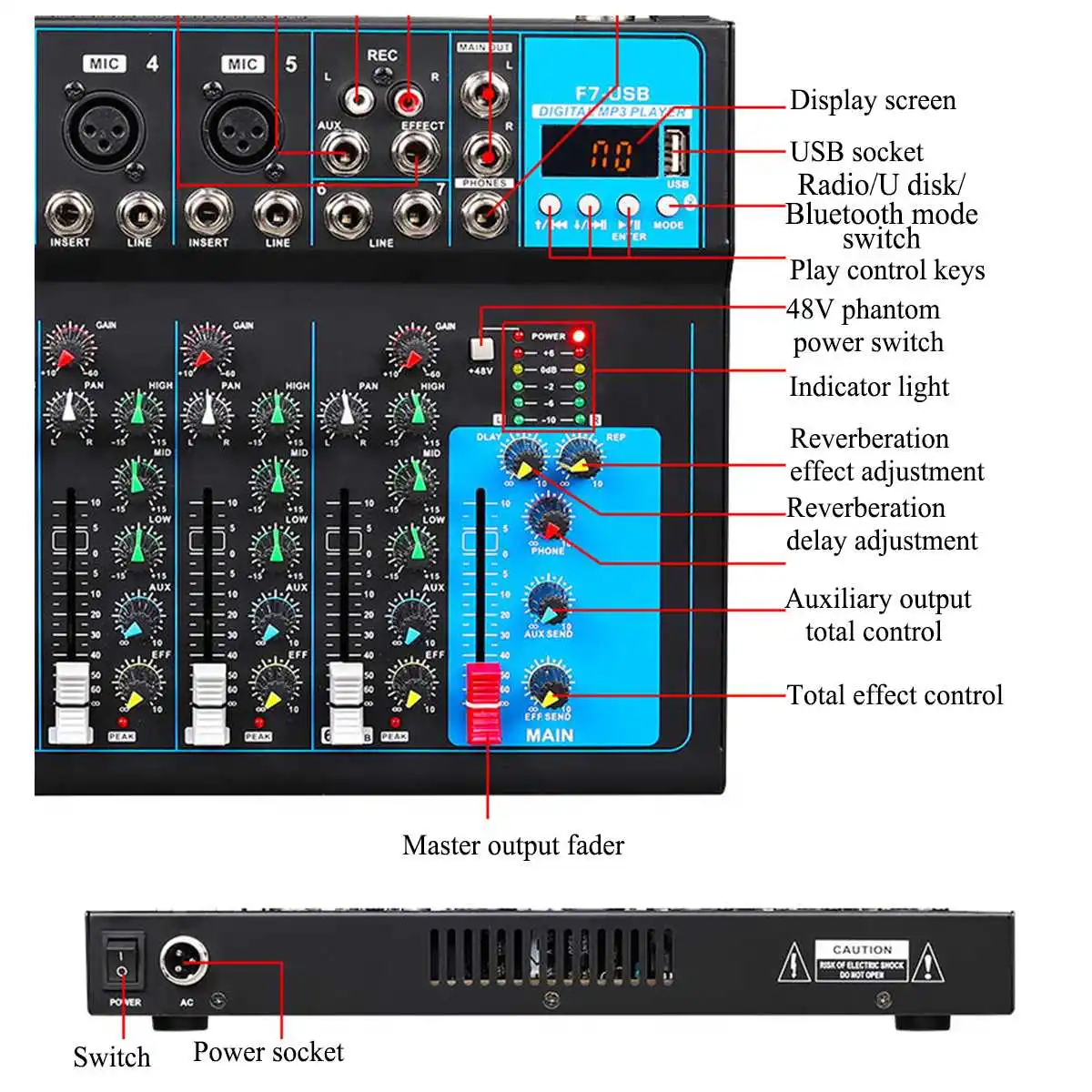 CLAITE 7 Channel Audio Mixer with USB DJ Sound Mixing Console MP3 Karaoke 48V Amplifier For Karaoke KTV Match Party
CLAITE 7 Channel Audio Mixer with USB DJ Sound Mixing Console MP3 Karaoke 48V Amplifier For Karaoke KTV Match Party