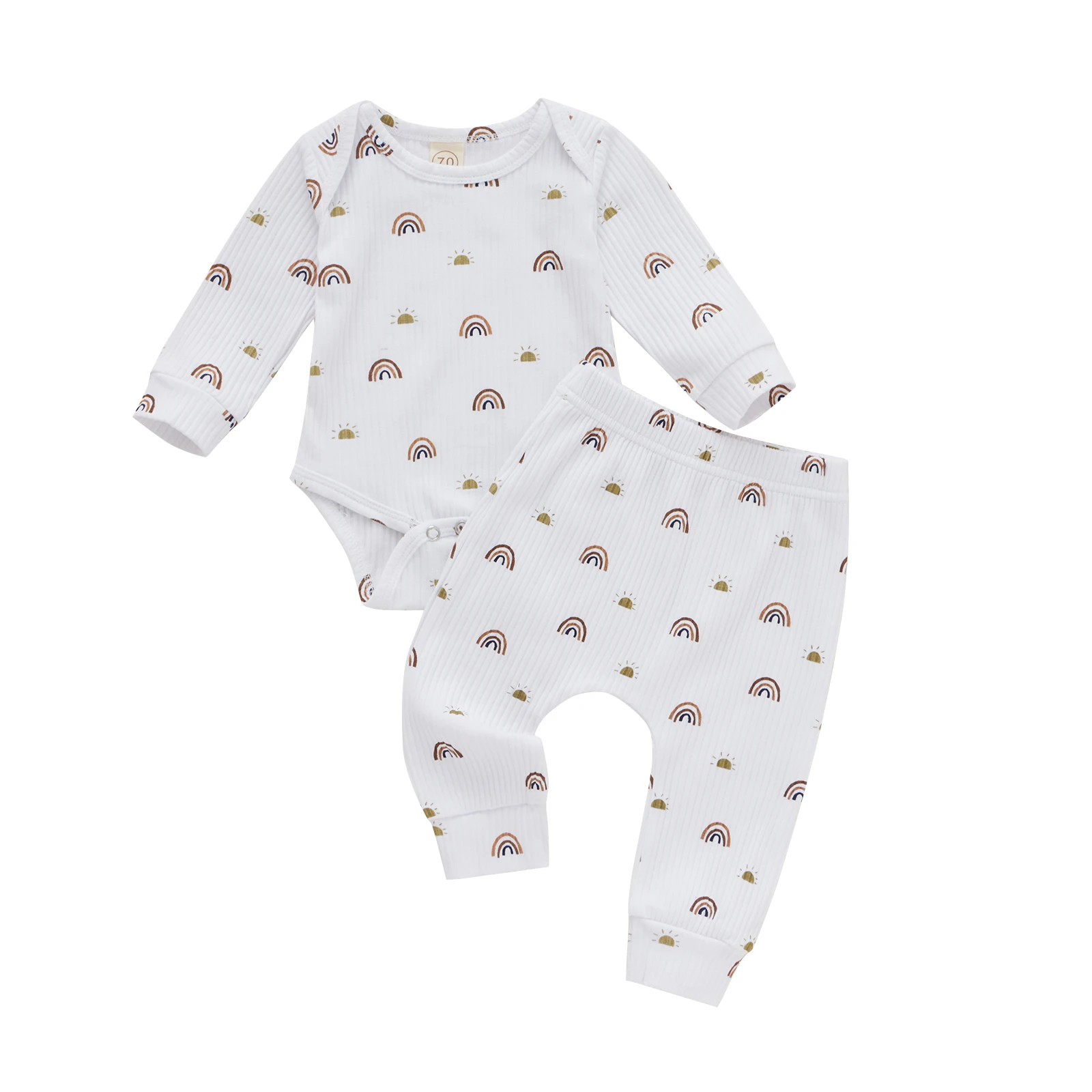 0-12 Months 2 Pcs Newborn Ribbed Outfits Infant Rainbow & Sun Print Long Sleeve Round Neck Playsuit + Trousers
0-12 Months 2 Pcs Newborn Ribbed Outfits Infant Rainbow & Sun Print Long Sleeve Round Neck Playsuit + Trousers